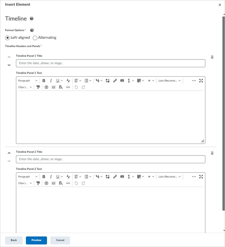 Dialoogvenster Element invoegen in Brightspace® voor het maken van een tijdlijnelement. Het dialoogvenster bevat indelingsopties met Links uitgelijnd en Afwisselend, en velden voor het configureren van meerdere tijdlijnpanelen. Elk paneel bevat velden voor een titel en tekst, samen met opties voor tekstopmaak. Knoppen voor Terug, Voorbeeld en Annuleren bevinden zich onderaan.