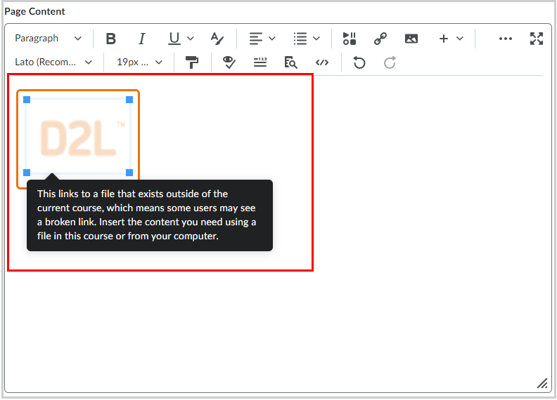 La advertencia del editor de Brightspace se muestra como un contorno naranja alrededor de la imagen del logotipo de D2L, junto con un texto de información sobre herramientas que explica el error y la resolución.