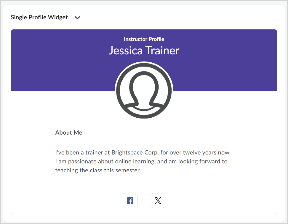 The Single Profile Widget with an insturctor profile showing as Jessica Trainer. It has an About Me section and displays icons for Facebook and X.