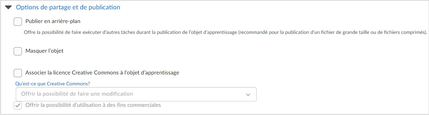 La liste déroulante Options de partage et de publication comprend les différentes options de partage et de publication de questions