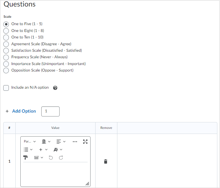 The Questions area of the New Likert Question page.