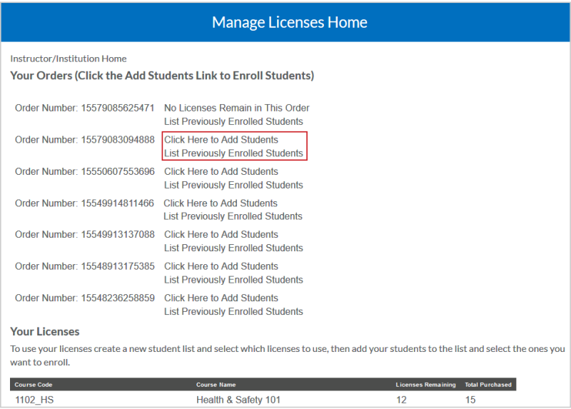 Page d'accueil de Gestion des licences