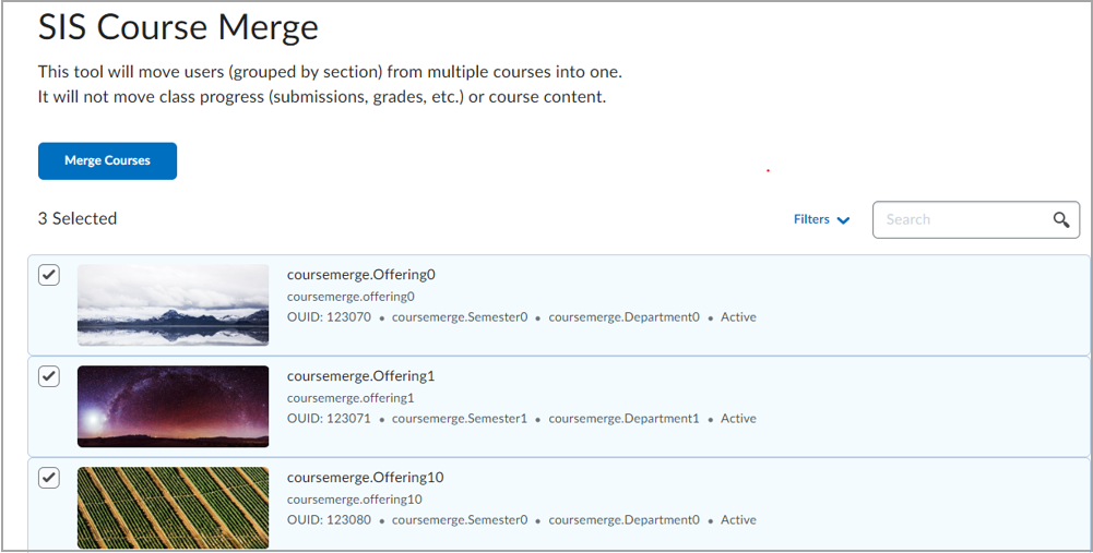 Use os filtros ou navegue para localizar e selecionar os cursos que deseja mesclar.