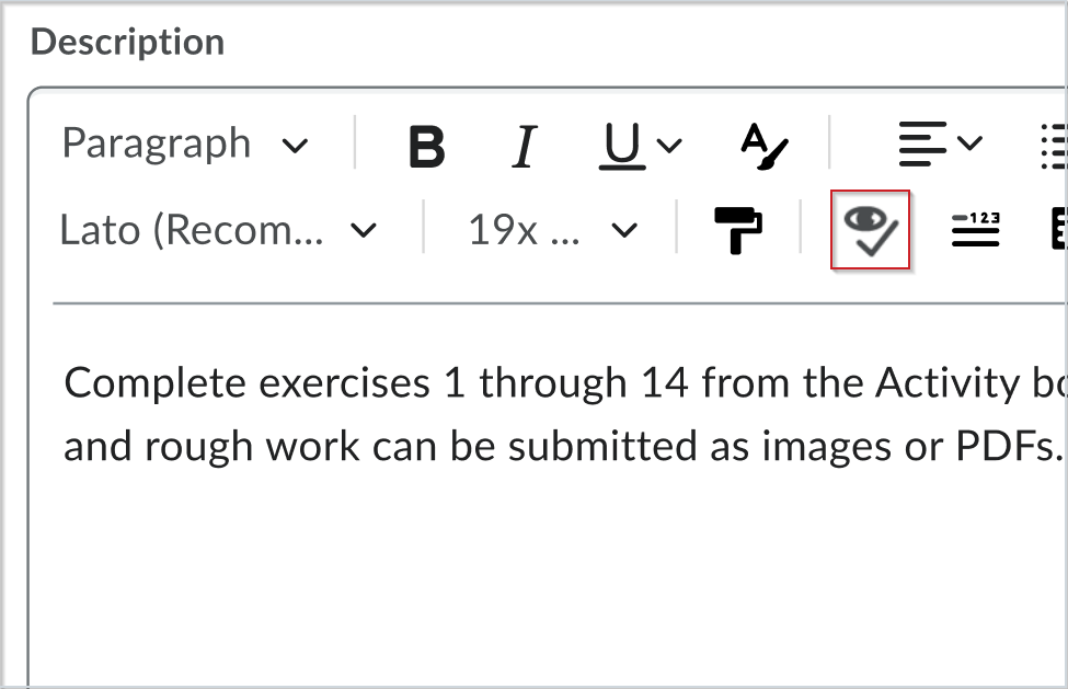 An image of the Brightspace Editor navbar, with the old Accessibility Checker icon highlighted.