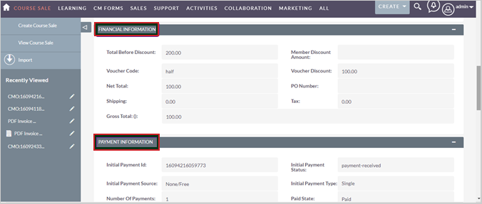 The Financial Information and Payment Information in the Sale Information tab.