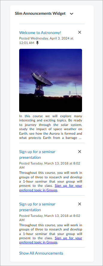 De widget Korte aankondigingen geeft drie aankondigingen weer. De eerste aankondiging staat bovenaan en luidt Welkom bij Astronomy!