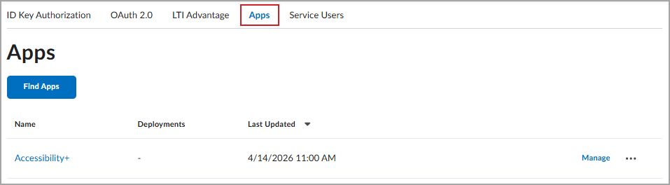 The fourth tab on the Manage Extensibility page contains Apps