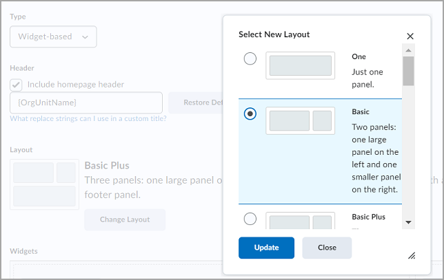 Selecionar um novo layout na caixa de diálogo Selecionar novo layout