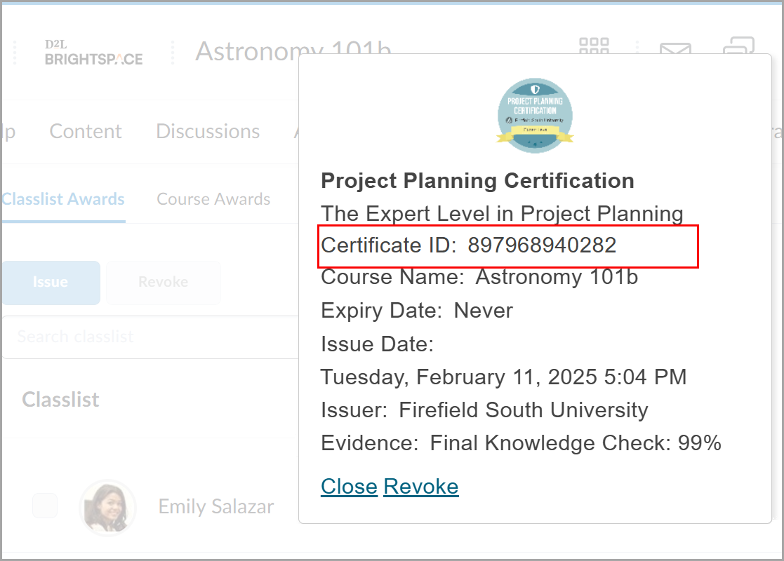 Certificate details popup displaying Project Planning Certification, Certificate ID, course name, expiry date, issue date, issuer, and final knowledge check score.