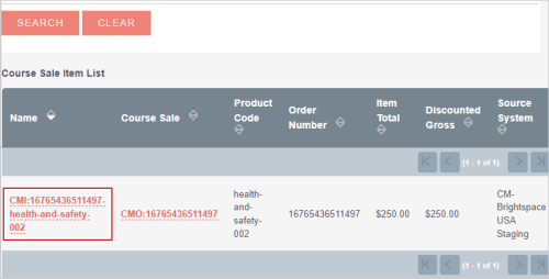 The Course Sale Item List showing the link for a course