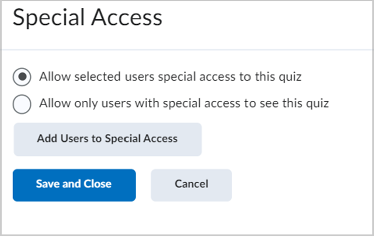 The Add Users to Special Access button in the Special Access settings window