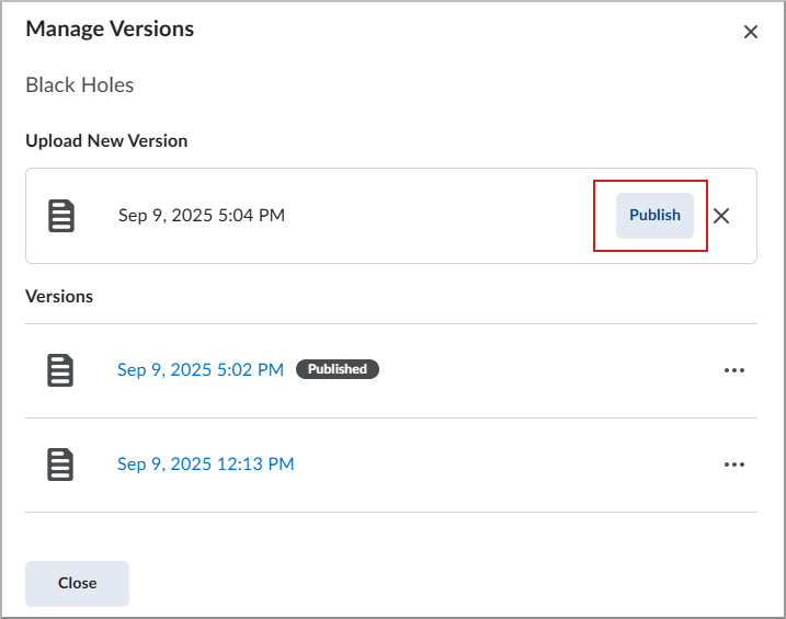 Manage Versions screen with Publish highlighted.