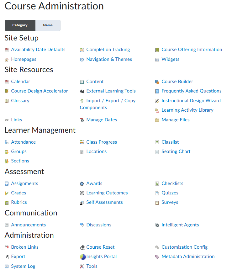 The Course Administration page for a course with the Category tab selected.