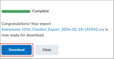 Export complete message with CSV filename and Download and Close buttons.