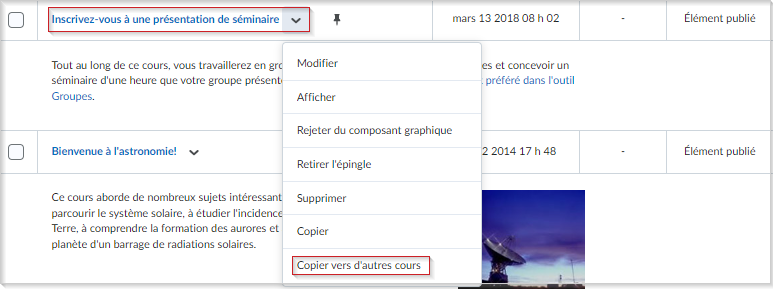 L’option Copier dans d'autres cours s’affiche dans le menu déroulant d’un article de nouvelles.