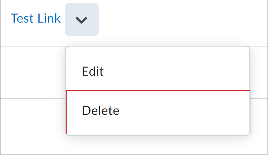 The Actions menu showing the Delete option for a link.