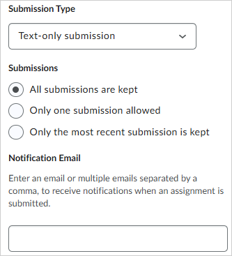 As seções Tipo de Envio, Envios e E-mail de Notificação. Envios somente de texto e Todos os envios são mantidos estão selecionados.