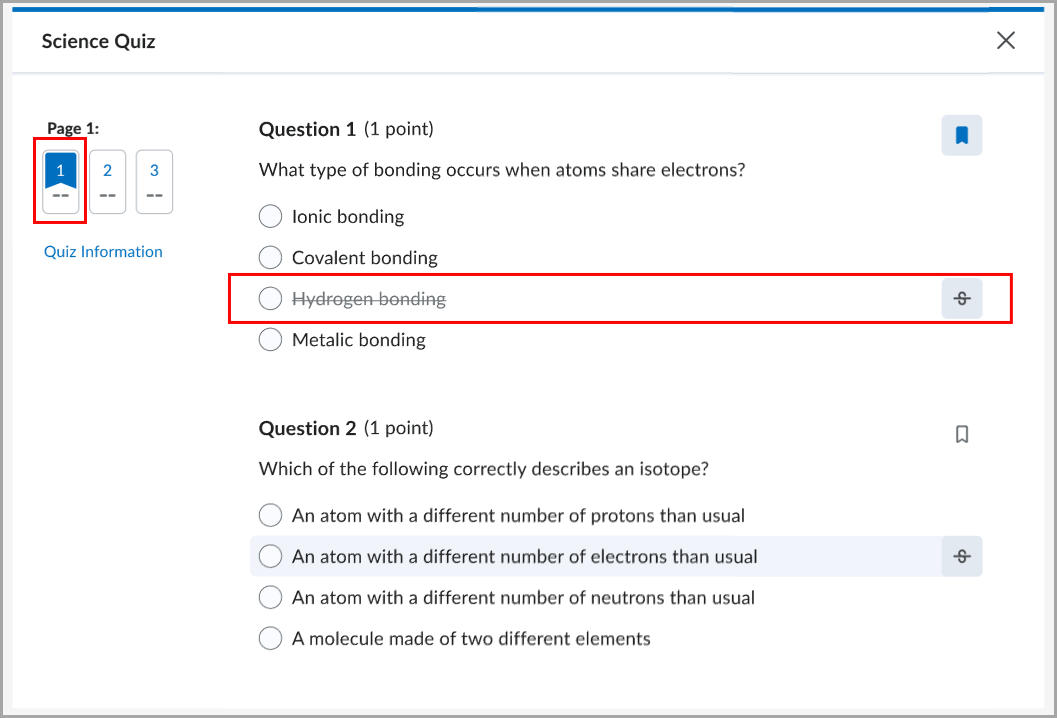 Brightspace quiz showing questions, with question navigation and bookmark and strikethrough icons.