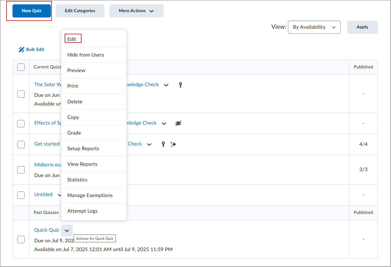 Quiz list with New Quiz button and Edit option selected from dropdown menu