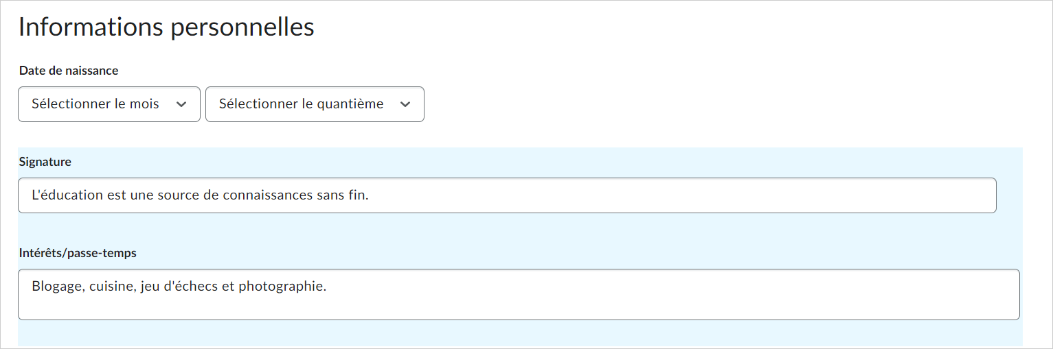 L'option vous permettant d'ajouter des informations personnelles supplémentaires.
