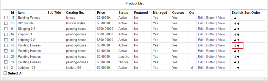 The Product List page showing the Explicit Sort Order column that contains sorting options