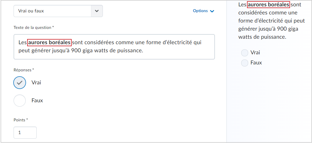 Une image de texte auquel le gras a été appliqué pour une question de questionnaire dans Brightspace.