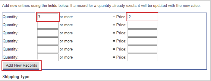 The fields for editing the quantity and price for shipping units with the Add New Records button at the bottom