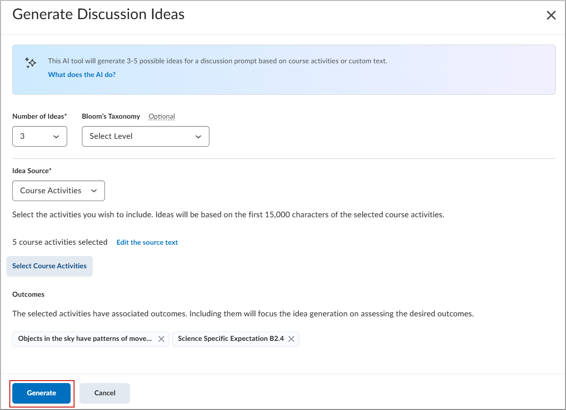 Generate ideas dialogue with Course Activities selected and Generate highlighted.