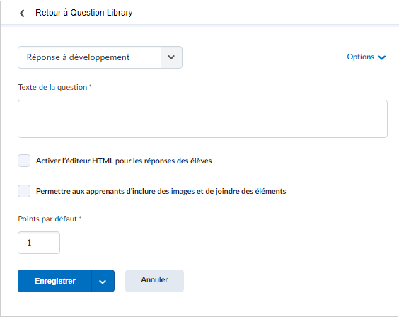 La page de création Question à développement de la Bibliothèque de questions.