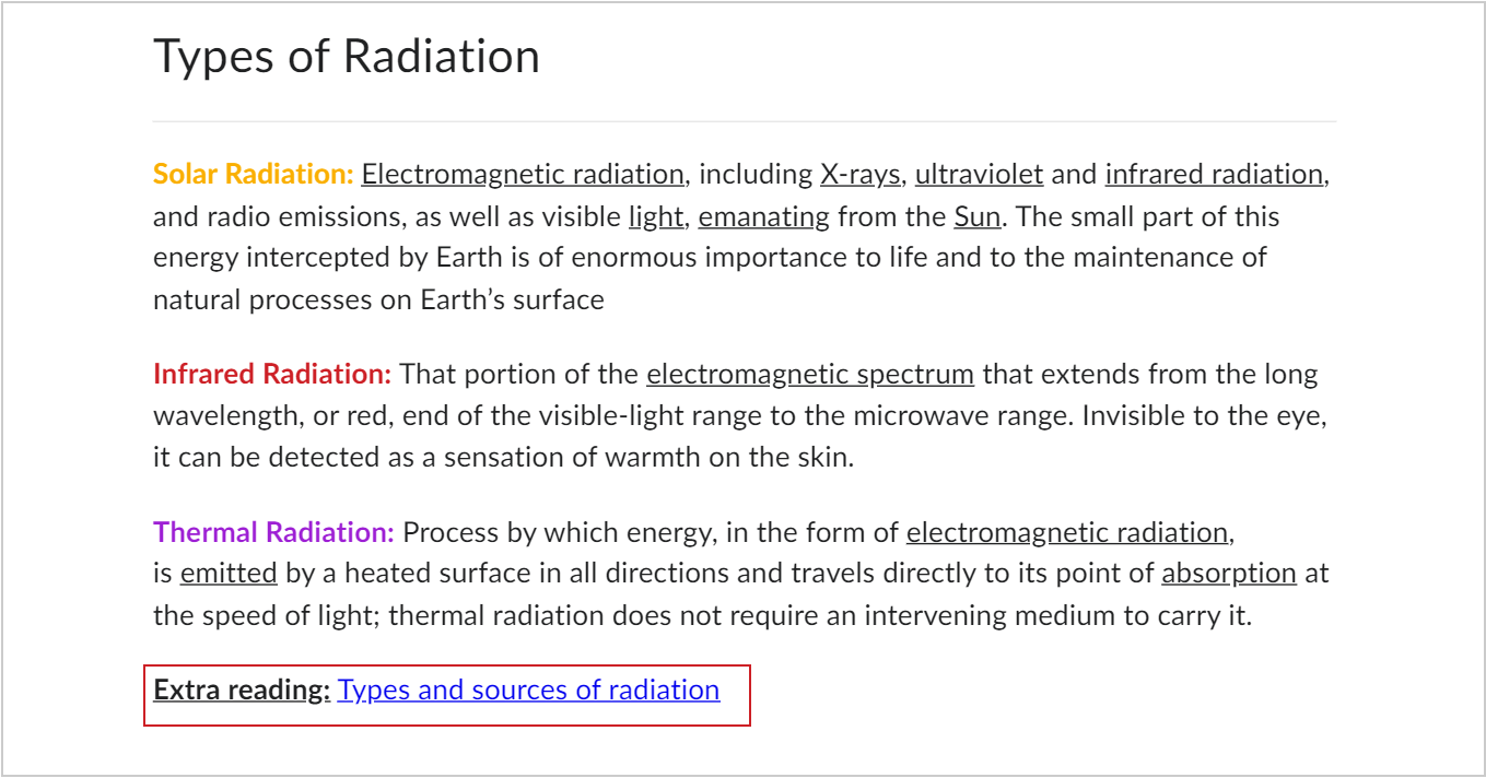 A finished Content topic showing the hyperlink for an external resource about radiation at the bottom of the page.