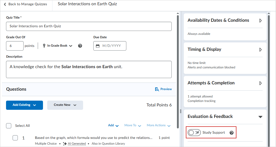 The Edit page of a quiz. The Evaluation & Feedback accordion is expanded to show the Study Support toggle.