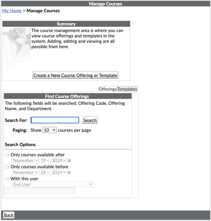An image of the legacy Course Management tool before the June release update.