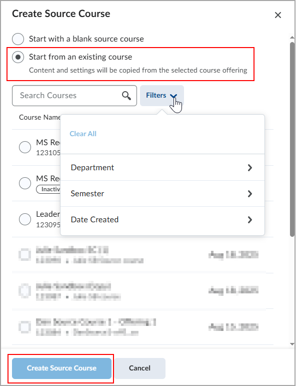 The Create Source Course page shows the Start from an existing course option selected and a list of courses to select from