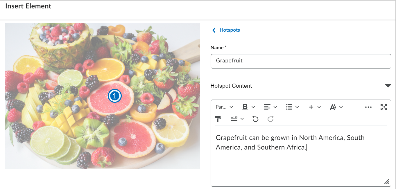 An image of a fruit platter is shown on the left. On the right, the Name field reads Grapefruit and the HotSpot Content box has a description of where grapefruit can be grown.