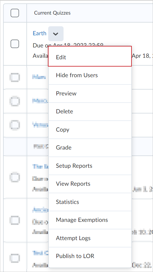 The Actions menu for a quiz showing the Edit option.