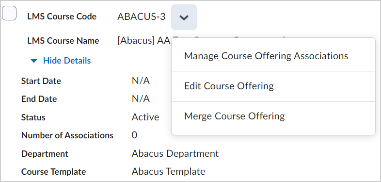 Las opciones del menú contextual para un Código del curso en LMS.