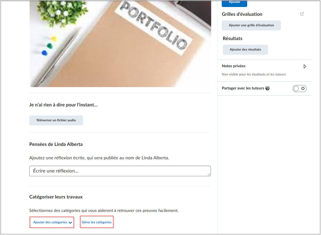 La vue mise à jour d’une preuve individuelle dans l’outil Portfolio, affichant l’option Ajouter des catégories, et dans laquelle le bouton Gérer les catégories a été déplacée à l’extérieur du filtre.
