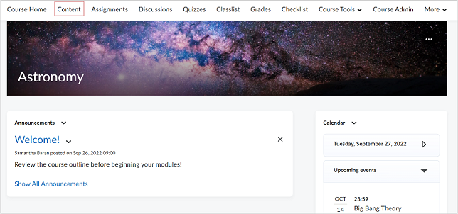 Course homepage with the Content tool highlighted.