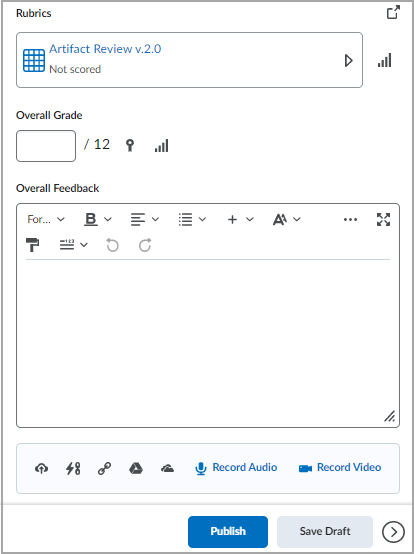 De velden Rubrics, Algehele score en Algehele feedback die worden gebruikt om de opdracht van de cursist te beoordelen.