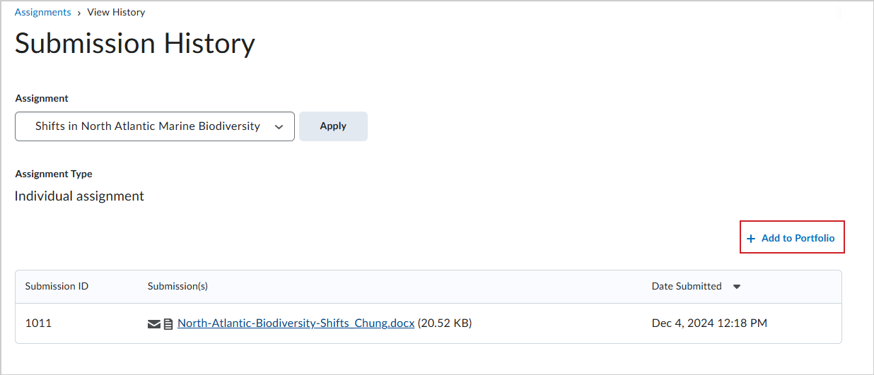 The Submission History page showing the + Add to Portfolio option
