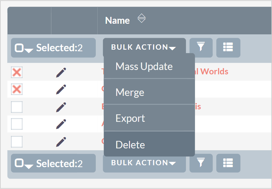 The Bulk Action drop-down menu showing bulk actions.