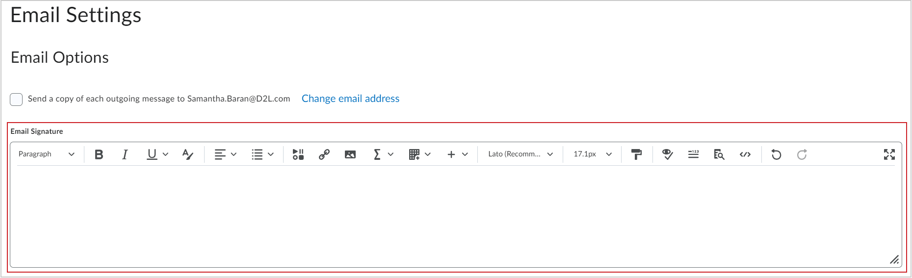 The Email Signature field on the Email Settings field