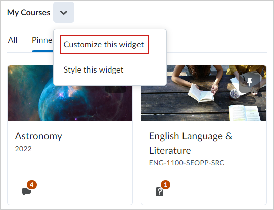 The Customize this widget option of the My Courses widget.