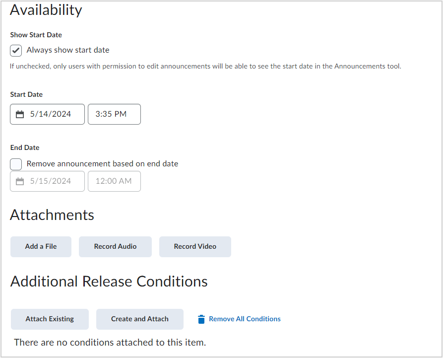 The Availability, Attachments, and Release Conditions sections for a new announcement