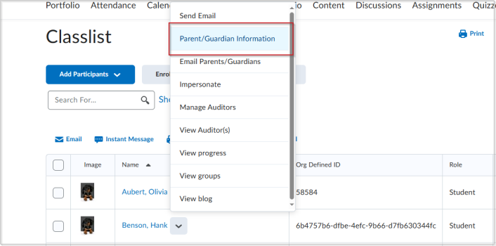 Dropdown menu open beside a student's name showing Parent Guardian Information option