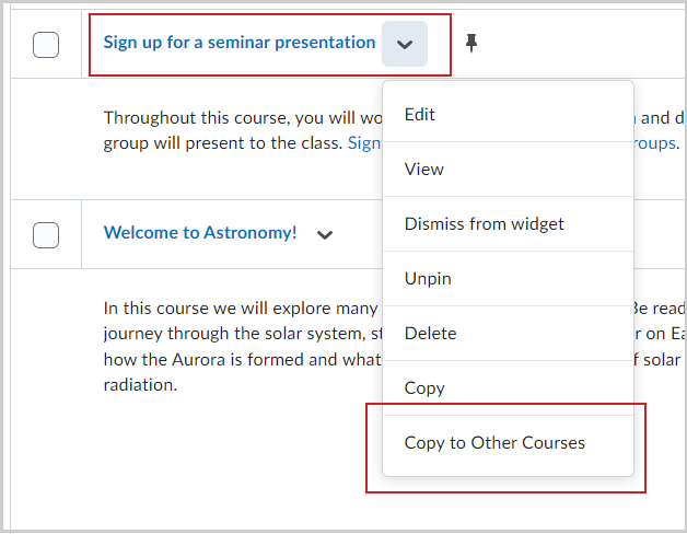 Copy to Other Courses appears in the drop-down menu of an announcement