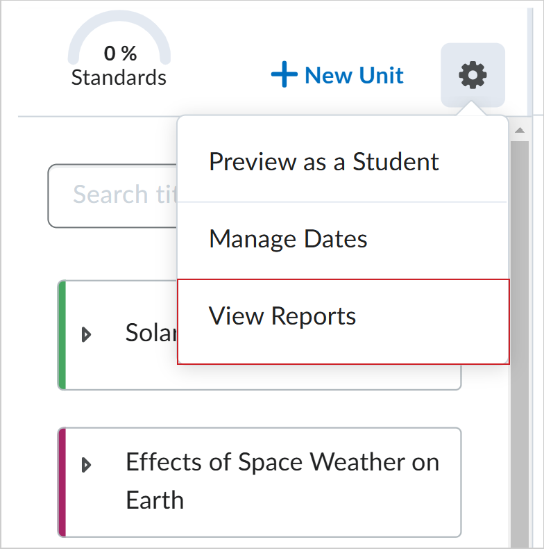 The Course Options menu showing the View Reports option