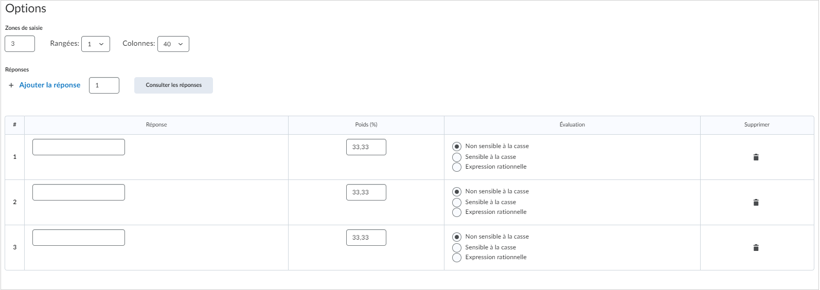 La zone Options de la page de création Question à réponses multiples courtes.