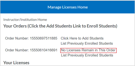 The Manage Licenses Home page showing no licenses remaining for an order