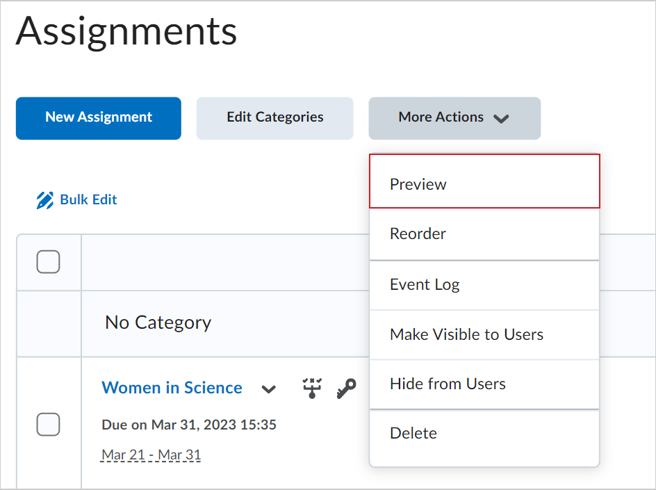 The Assignments page showing the More Actions drop-down menu. The Preview option is highlighted.